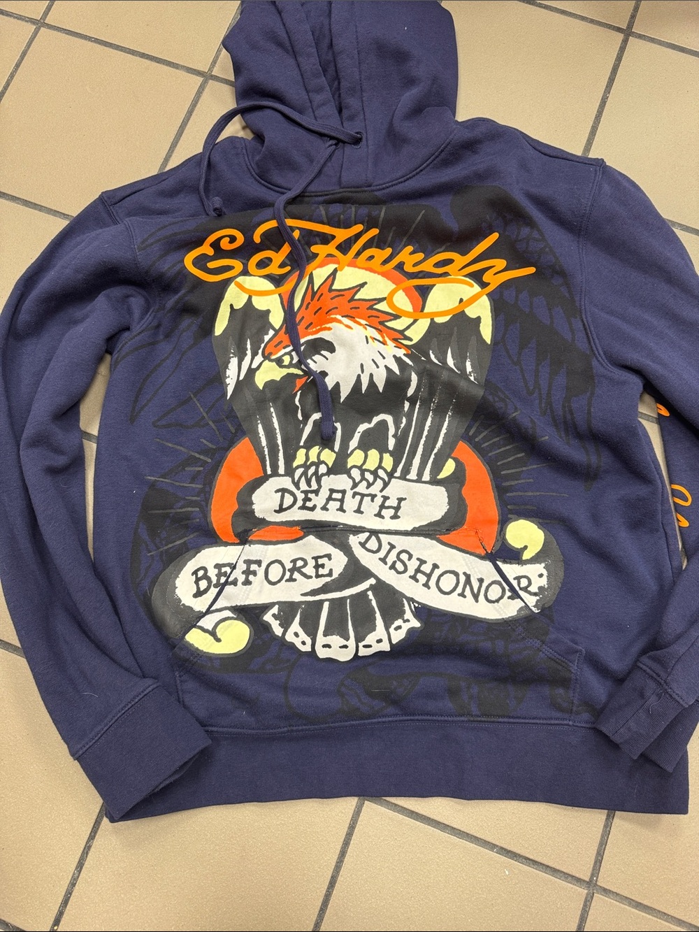 Ed Hardy Navy Pullover Hoodie with Orange & White Eagle Graphic